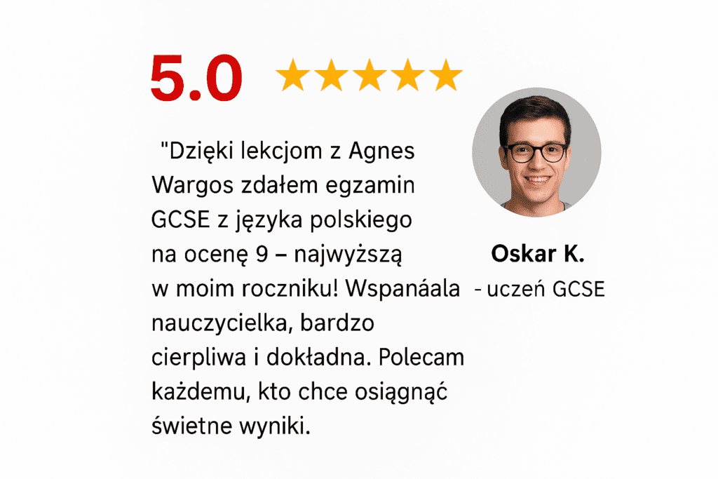 Opinia ucznia Oskara o lekcjach języka polskiego z Agnes, ocena 5 gwiazdek.